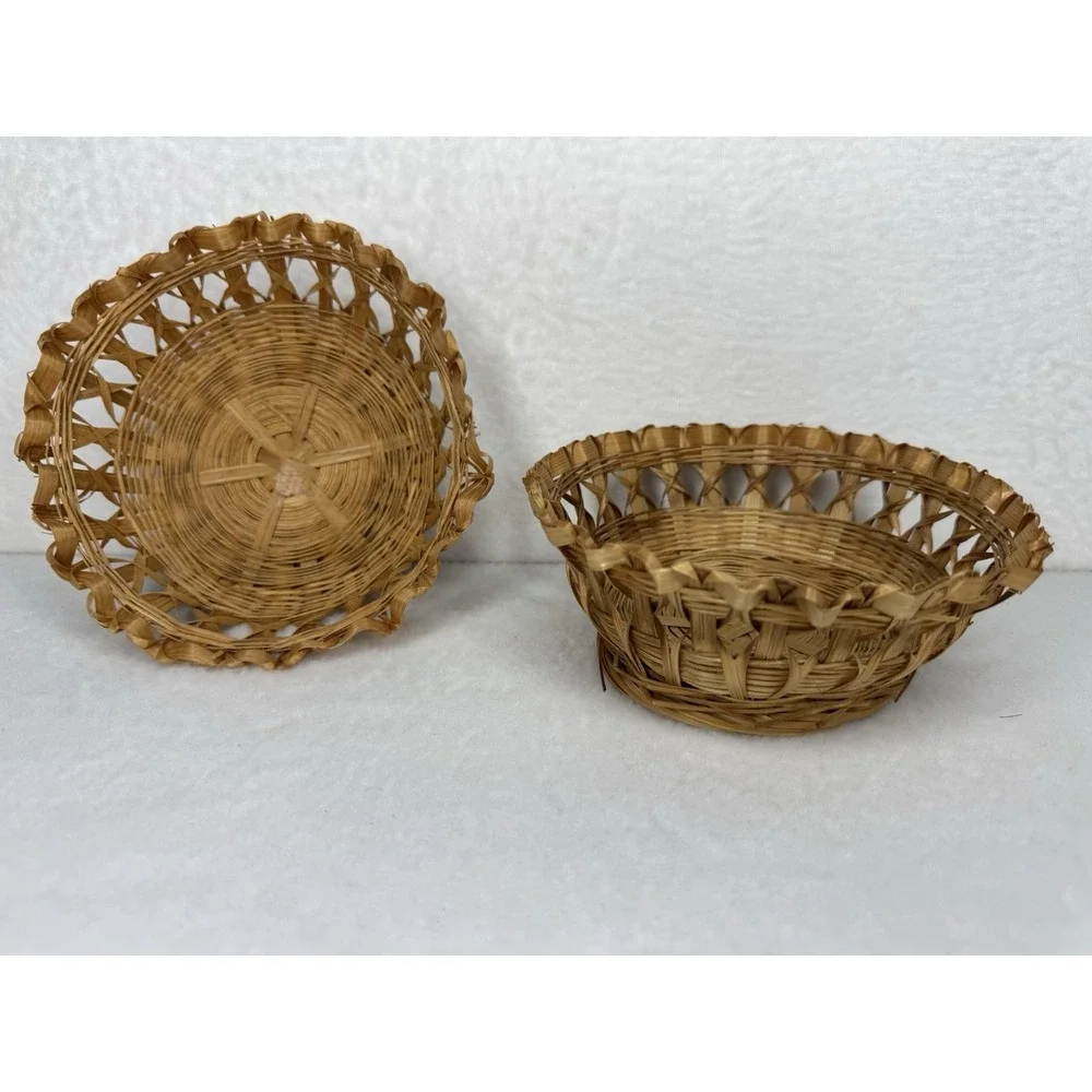 Vintage Handwoven Wicker Basket Set 2 Natural Rattan Boho Farmhouse Decor